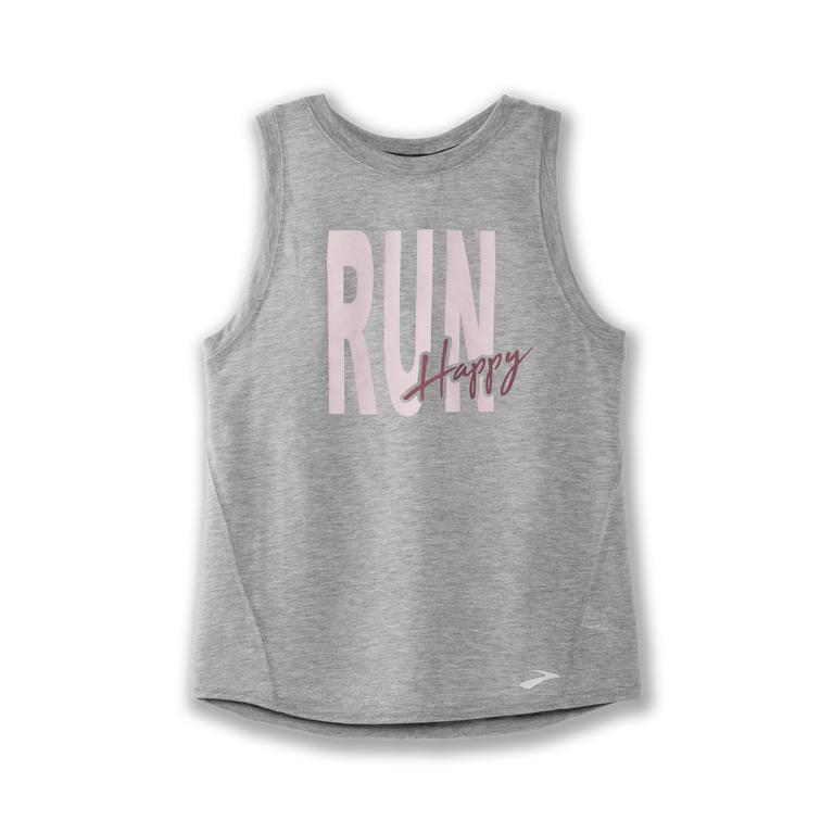 Brooks Womens Distance Graphic Running Tank Top - Heather Ash/Run Happy/Grey (957302-MDT)